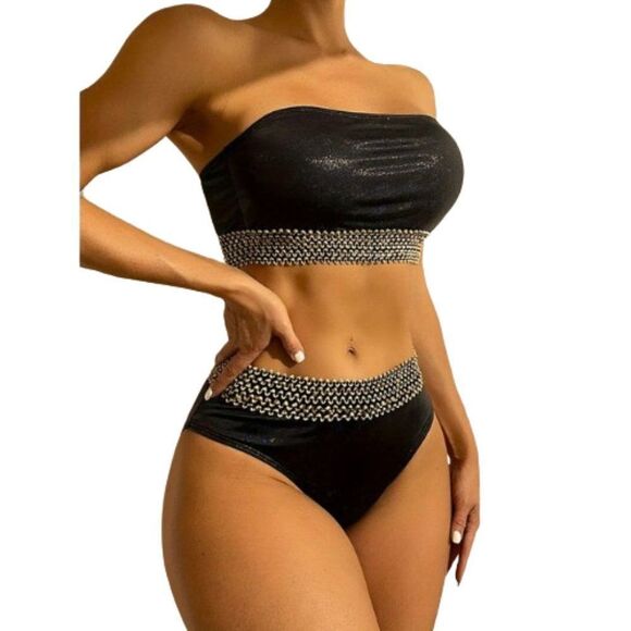 Women's Black & Gold Contrast Bandeau High Waist- 2 Piece Bikini Set Size L - Picture 1 of 10